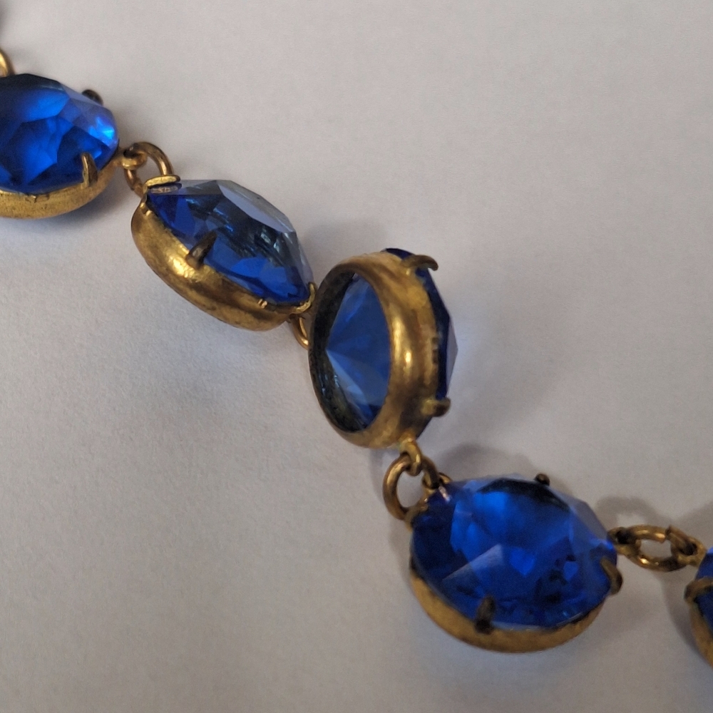 Antique Riviere Art Deco Gold Tone Sapphire Blue Glass Necklace 15" 1920s 1930s - Picture 12 of 16